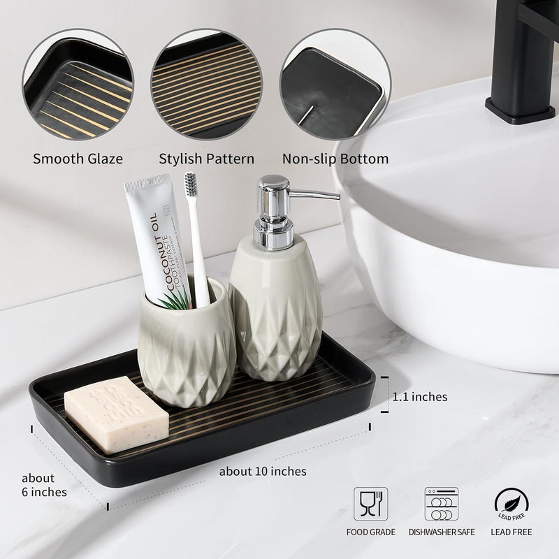 Pottify 10"×6"×1" Black Bathroom Vanity Tray for Countertop- Ceramic Decorative Organizer Tray for Dresser Tops, Toilet, Perfume, Sponge Holder Soap Dish Dispenser for Kitchen Counter- Golden Stripes - Image 3